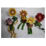 Collection of 5 Handmade Wooden Flower Figurines