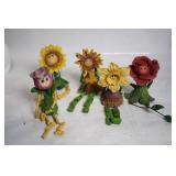 Collection of 5 Handmade Wooden Flower Figurines