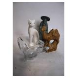 Collection of Assorted Decorative Figures: Cat, Camel, Man with Hat, and Glass Dish