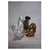 Collection of Assorted Decorative Figures: Cat, Camel, Man with Hat, and Glass Dish