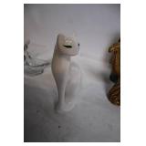 Collection of Assorted Decorative Figures: Cat, Camel, Man with Hat, and Glass Dish