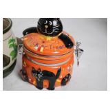 Ceramic Halloween Cookie Jar and Floral Tea Light Holder Set