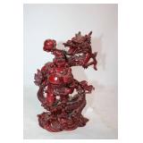Chinese Red Resin Statue of Laughing Buddha and Dragon