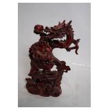 Chinese Red Resin Statue of Laughing Buddha and Dragon