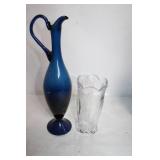 Duo of Elegant Blue Glass Jug and Clear Cut Glass Vase