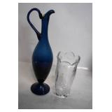 Duo of Elegant Blue Glass Jug and Clear Cut Glass Vase