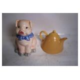Decorative Pig-Shaped Cookie Jar and Yellow Ceramic Teapot