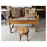 Beautiful Wood Bench and Vintage Footstool with Pillows Very Sturdy