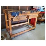 Large Heavy Sturdy Wooden Work Bench with 2 Drawers and Attached Vise On Wheels