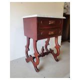 Small Vintage Side Table with ornate Floral Carved Drawer Pulls and Marble Top