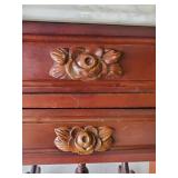 Small Vintage Side Table with ornate Floral Carved Drawer Pulls and Marble Top
