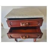 Small Vintage Side Table with ornate Floral Carved Drawer Pulls and Marble Top