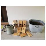 Wooden Birdhouses for Crafts, Metal Watering Can, and Metal Washtub