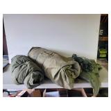 Vintage Military Sleeping Bag and Canvas Tarps/Tents with rope and Stakes Marked