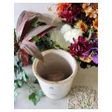 Redwing Crock #2 in good condition and two beautiful floral displays and doily