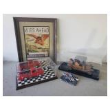 Framed Miles Ahead Mobil Gas Advertising, Fire Truck in Case, Wooden hand Carved Car in Case, and Rusty #2 Race Car