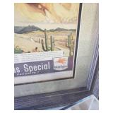 Framed Miles Ahead Mobil Gas Advertising, Fire Truck in Case, Wooden hand Carved Car in Case, and Rusty #2 Race Car