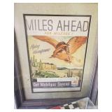 Framed Miles Ahead Mobil Gas Advertising, Fire Truck in Case, Wooden hand Carved Car in Case, and Rusty #2 Race Car