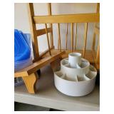 Household Lot Wooden Side Table/Magazine Holder, Plastic containers with lids never used, Paper and more