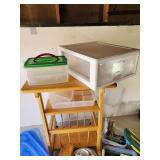 Household Lot Wooden Side Table/Magazine Holder, Plastic containers with lids never used, Paper and more
