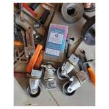 LARGE Lot of Misc Caster Wheels, Scrappers, Gloves, Drain Snake, heavy duty Tie Downs and more