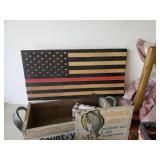 Household Décor Lot Wooden Carved Flag, Vintage Dress/Clothes pin Bag, Lots of unused Greeting Cards and much more