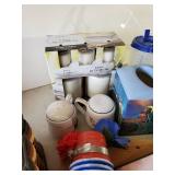 Household Décor Lot Wooden Carved Flag, Vintage Dress/Clothes pin Bag, Lots of unused Greeting Cards and much more