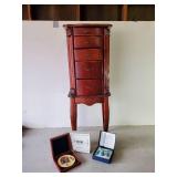 Gorgeous Tall Jewelry Armoire Cabinet with some Misc Costume Jewelry, year 2000 Disney Pins, and Beautiful Turquoise Necklace & Earrings