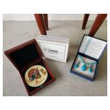 Gorgeous Tall Jewelry Armoire Cabinet with some Misc Costume Jewelry, year 2000 Disney Pins, and Beautiful Turquoise Necklace & Earrings