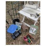 Small Garden Table with Garden Items, Awesome Rolling Garden Chair Birdhouse Garden Tools and more
