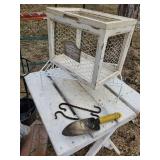 Small Garden Table with Garden Items, Awesome Rolling Garden Chair Birdhouse Garden Tools and more