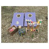 Outdoor Game Lot  Bag Board, Bags in Vintage Dupont Dynamite Box, Croquet and Bocce Ball