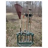 Garden Accessory Lot with Stand Rakes Hoe Weed Roller and More