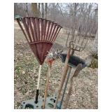 Garden Accessory Lot with Stand Rakes Hoe Weed Roller and More