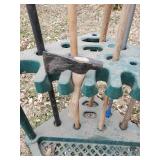 Garden Accessory Lot with Stand Rakes Hoe Weed Roller and More