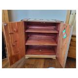 2 wooden Cabinets/side tables  one is a Lane Cedar Chest also Navajo rug/table runner