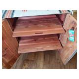 2 wooden Cabinets/side tables  one is a Lane Cedar Chest also Navajo rug/table runner