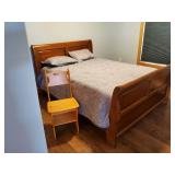 Full Size Sleigh Bed With Bedding and Convertible wood Chair/Step Stool