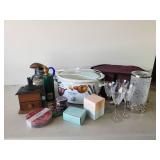 Misc Lot with Vintage Coffee Grinder, Hamilton Beach Crock Pot, Gorgeous Painted Pitcher, Princess House Lead Crystal Wine Glasses and More