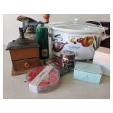 Misc Lot with Vintage Coffee Grinder, Hamilton Beach Crock Pot, Gorgeous Painted Pitcher, Princess House Lead Crystal Wine Glasses and More