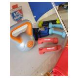 2 umbrellas, Red one is hand held, Old Style is either hand heald or has in the ground Extension, along with Hand weights and more