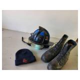 FireFighter Helmet with ornate Eagle ornament, SP FD knit Hat, and Boots