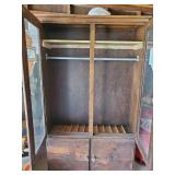 Large Antique Wooden Armoire with Class Front Lower Storage and Clothes Rod, In Solid Condition
