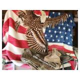 LARGE Gorgeous Eagle/Flag Blanket With Military Items Jacket Boots Maglite and More