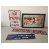 Metal Signs Mustang, Ford, No Parking, and framed Mobilgas Advertising