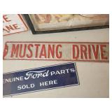 Metal Signs Mustang, Ford, No Parking, and framed Mobilgas Advertising