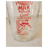 Vintage Home Dairy Milk builds Great Athletes Glass milk Jar, Vintage German Madame Alexander Doll in Case, Purple Glass Glasses and more