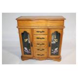 Vintage Wooden Jewelry Box with Floral Glass Doors