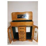 Vintage Wooden Jewelry Box with Floral Glass Doors