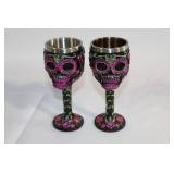 Pair of Decorative Skull Chalice Goblets with Floral Design